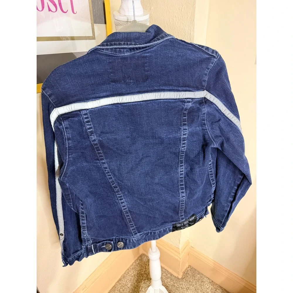 True Religion Denim Trucker Jacket Dark Wash Reflective Stripe Mens Small S